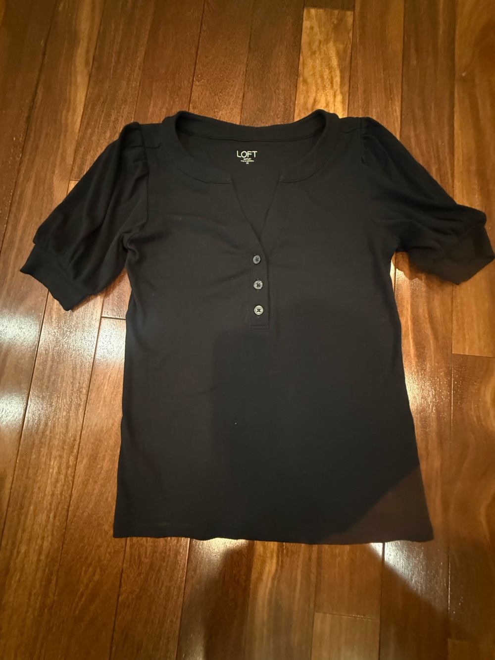 LOFT Black Puff Short-Sleeve Henley Polo